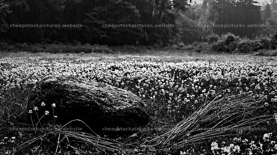 Nagano drought resilient meadow granite boulder in rainy weather – stock pictures 10608x5938