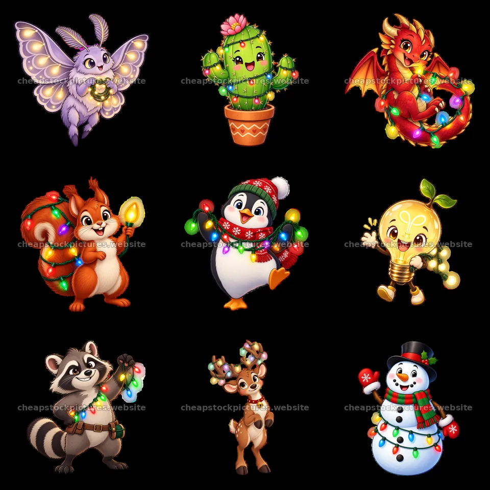 Colorful cartoon characters with string lights in a 3x3 grid – stock pictures 7746x7746