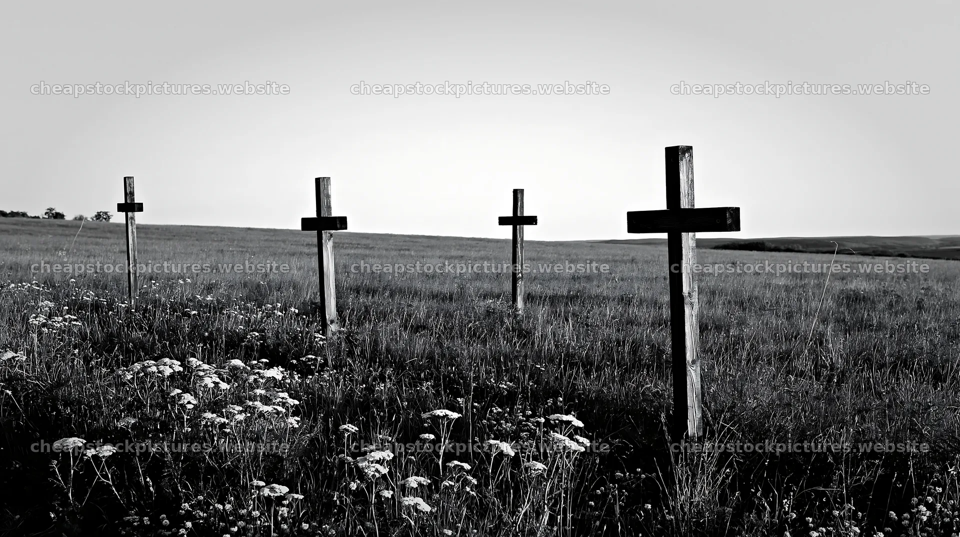 Four wooden crosses in meadow during Christmas season – stock pictures 10608x5938