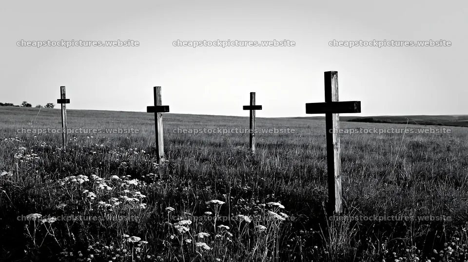 Four wooden crosses in meadow during Christmas season – stock pictures 10608x5938