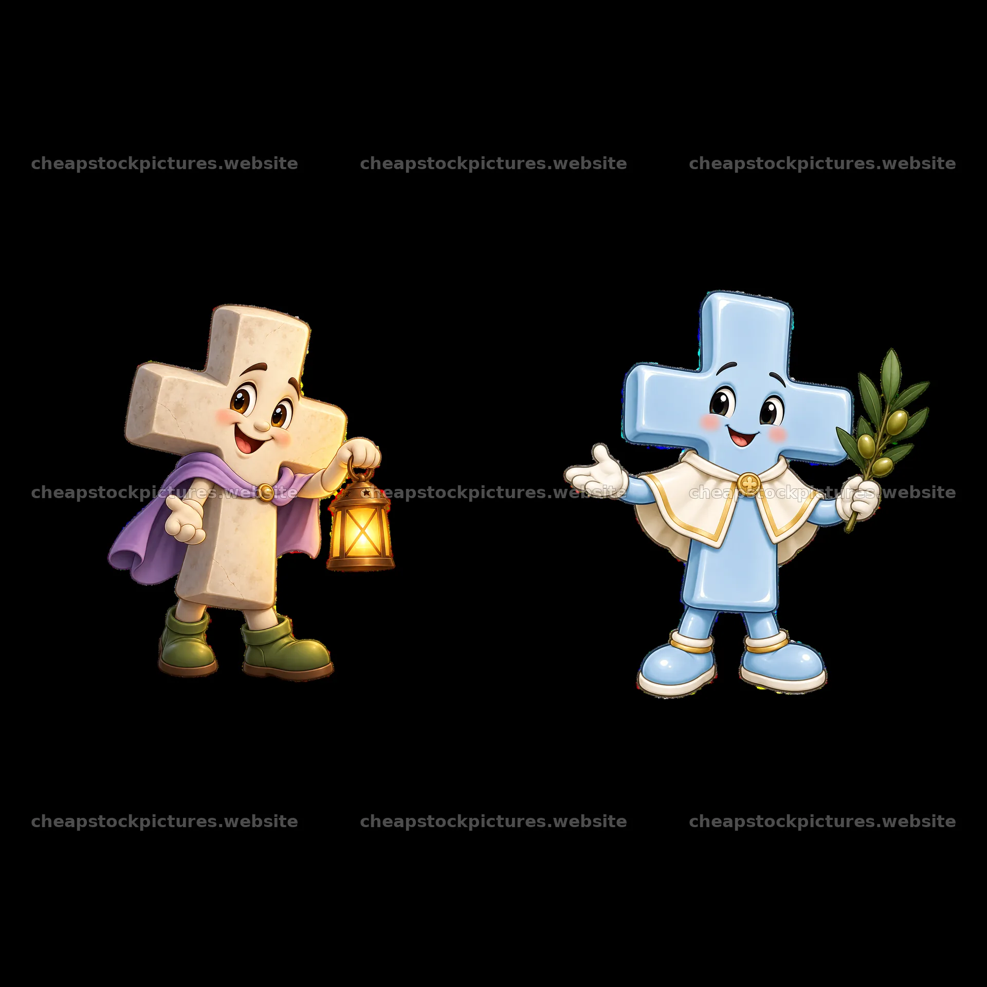 Easter cross characters holding lantern and olive branch – stock pictures 7746x7746