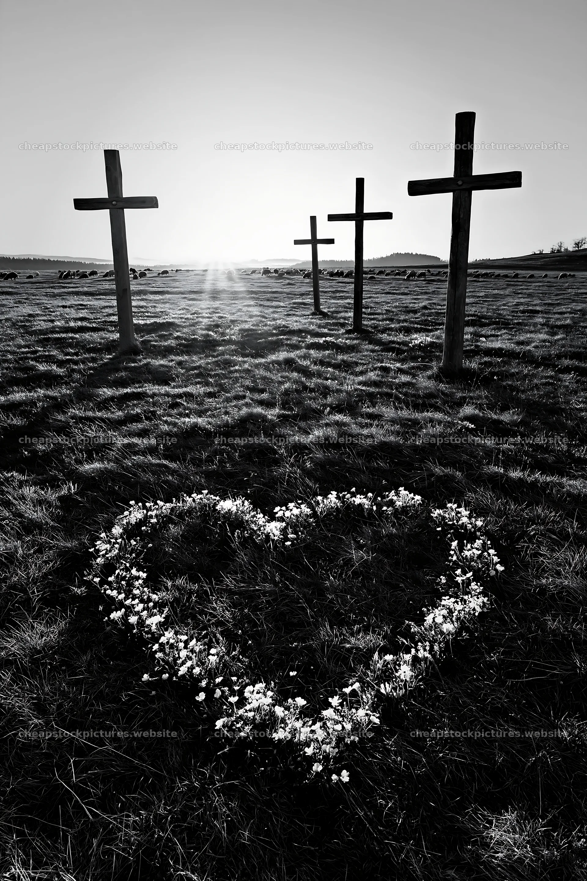 Four Christian crosses in a winter meadow – stock pictures 6480x9722