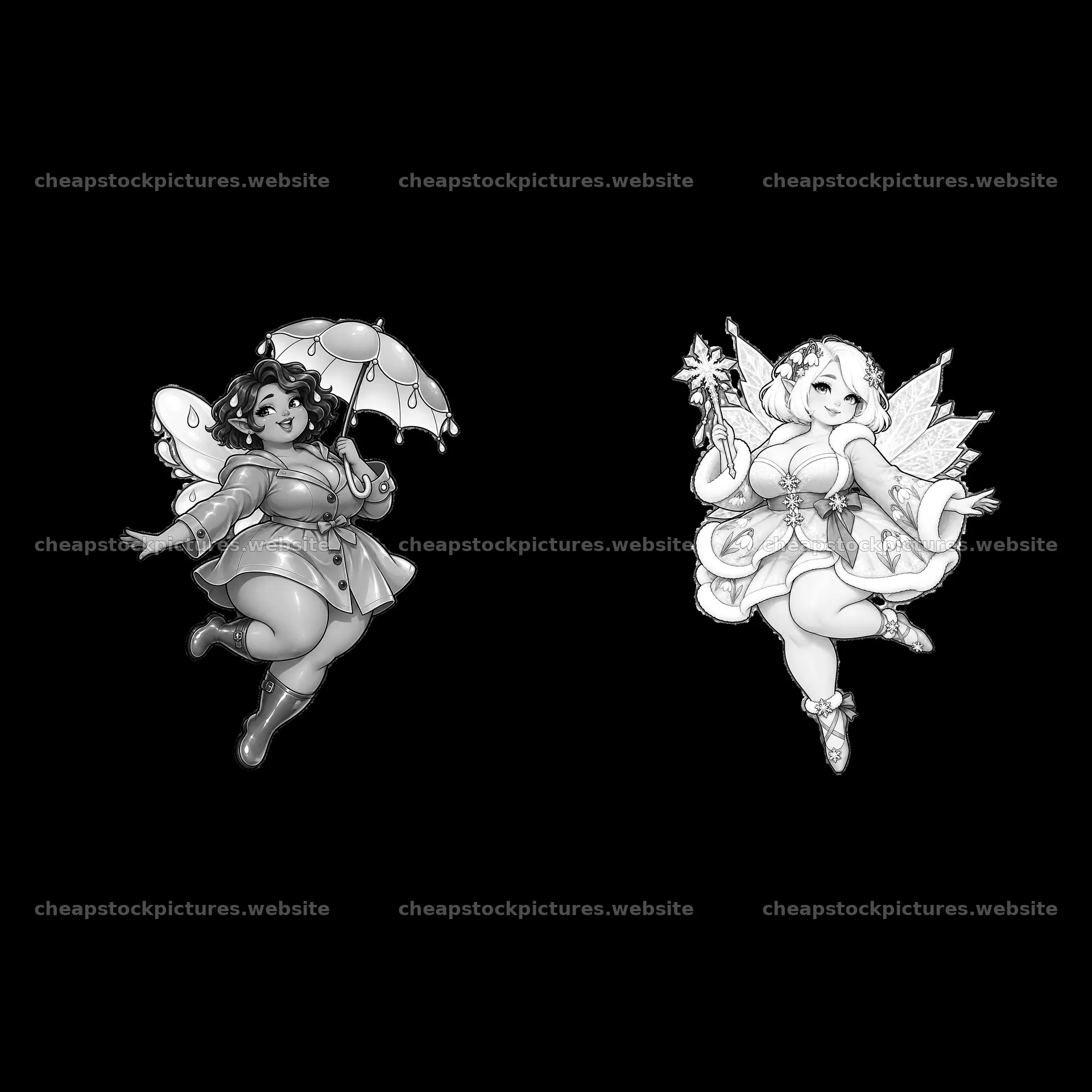 Kawaii ultra-fat fairies with an umbrella and a magic wand – stock pictures 7746x7746