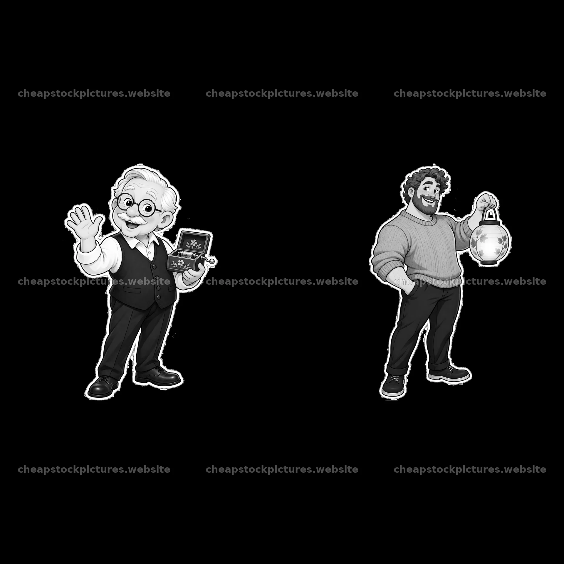 Elderly man with a box and young man holding a lantern – stock pictures 7746x7746