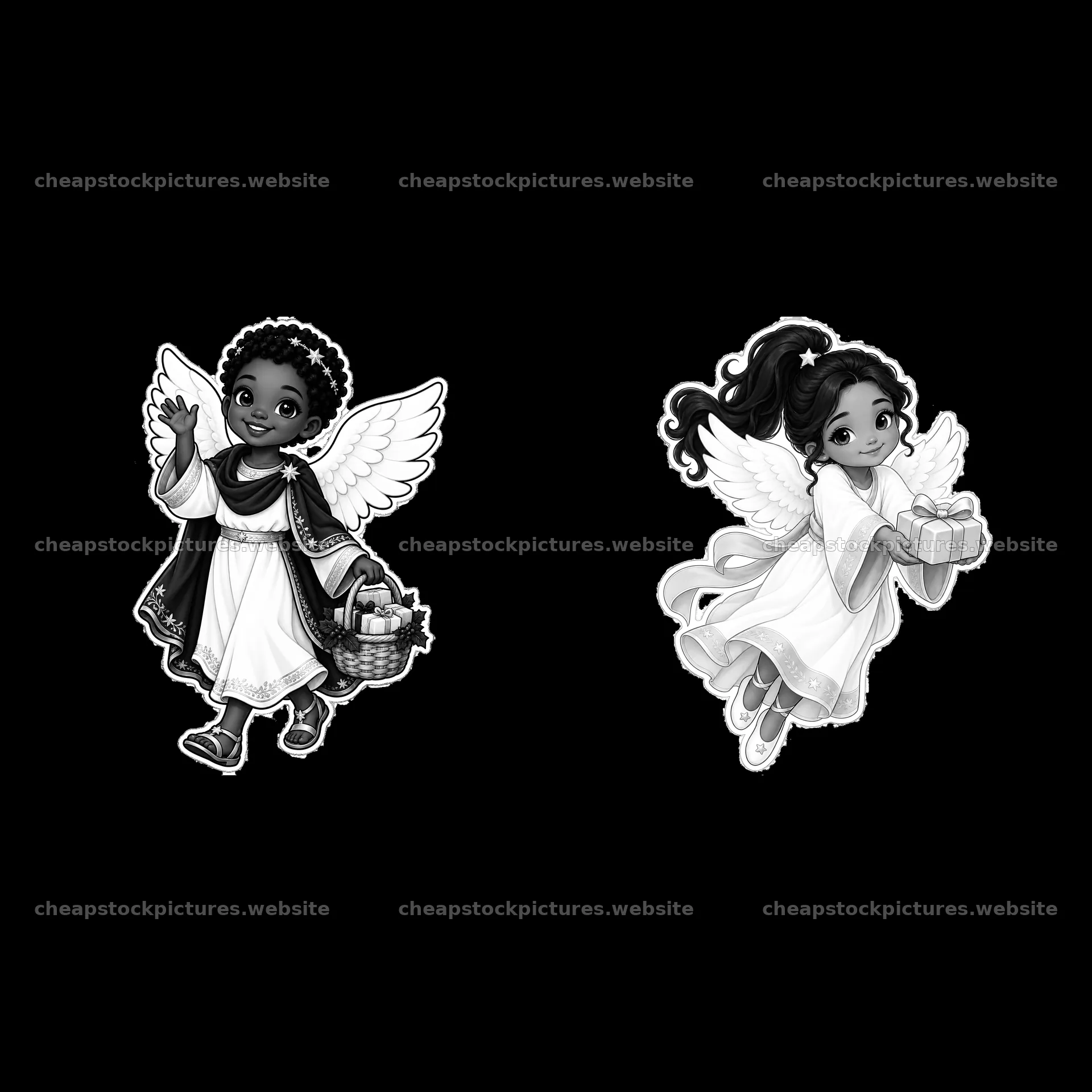 Christ Child delivering gifts with baskets and presents – stock pictures 7746x7746