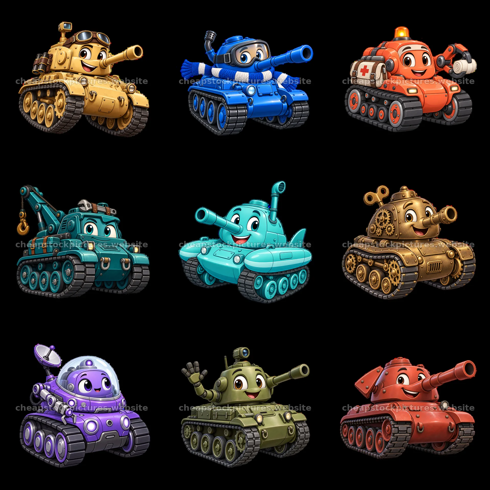 Funny cartoon tanks in a colorful 3x3 grid arrangement – stock pictures 7746x7746