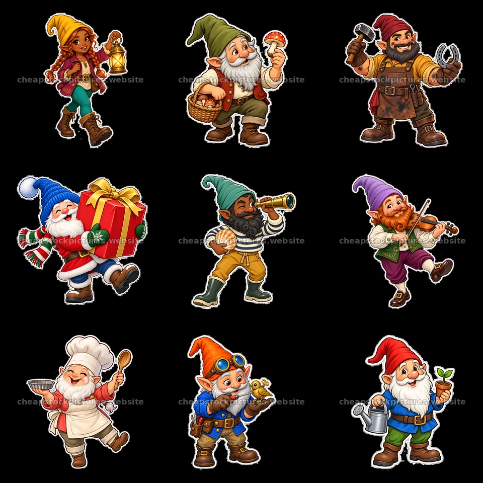 Colorful gnome characters engaging in various activities in a grid – stock pictures 7746x7746