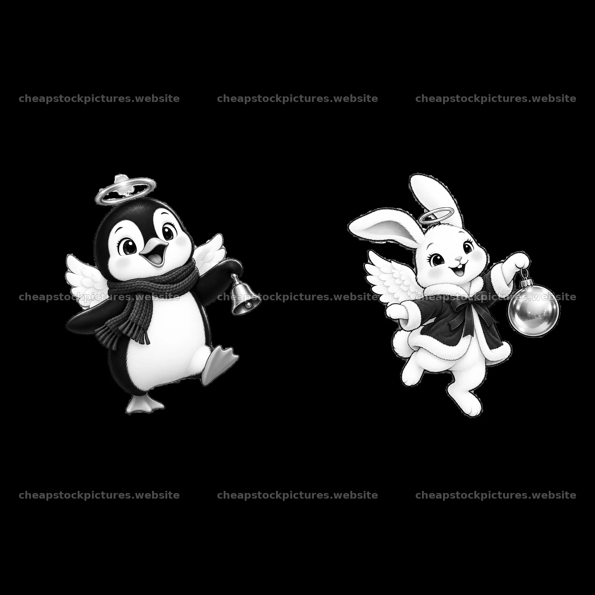 Cartoon angel penguin and rabbit celebrating Christmas – stock pictures 7746x7746