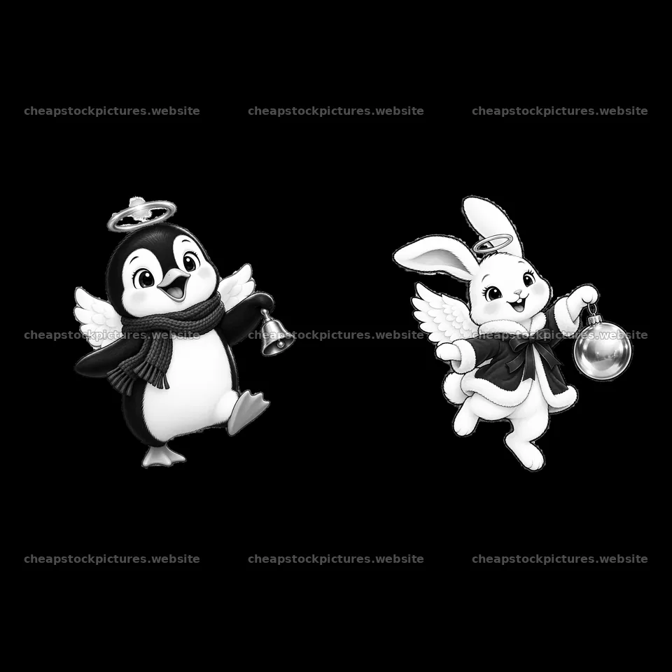 Cartoon angel penguin and rabbit celebrating Christmas – stock pictures 7746x7746