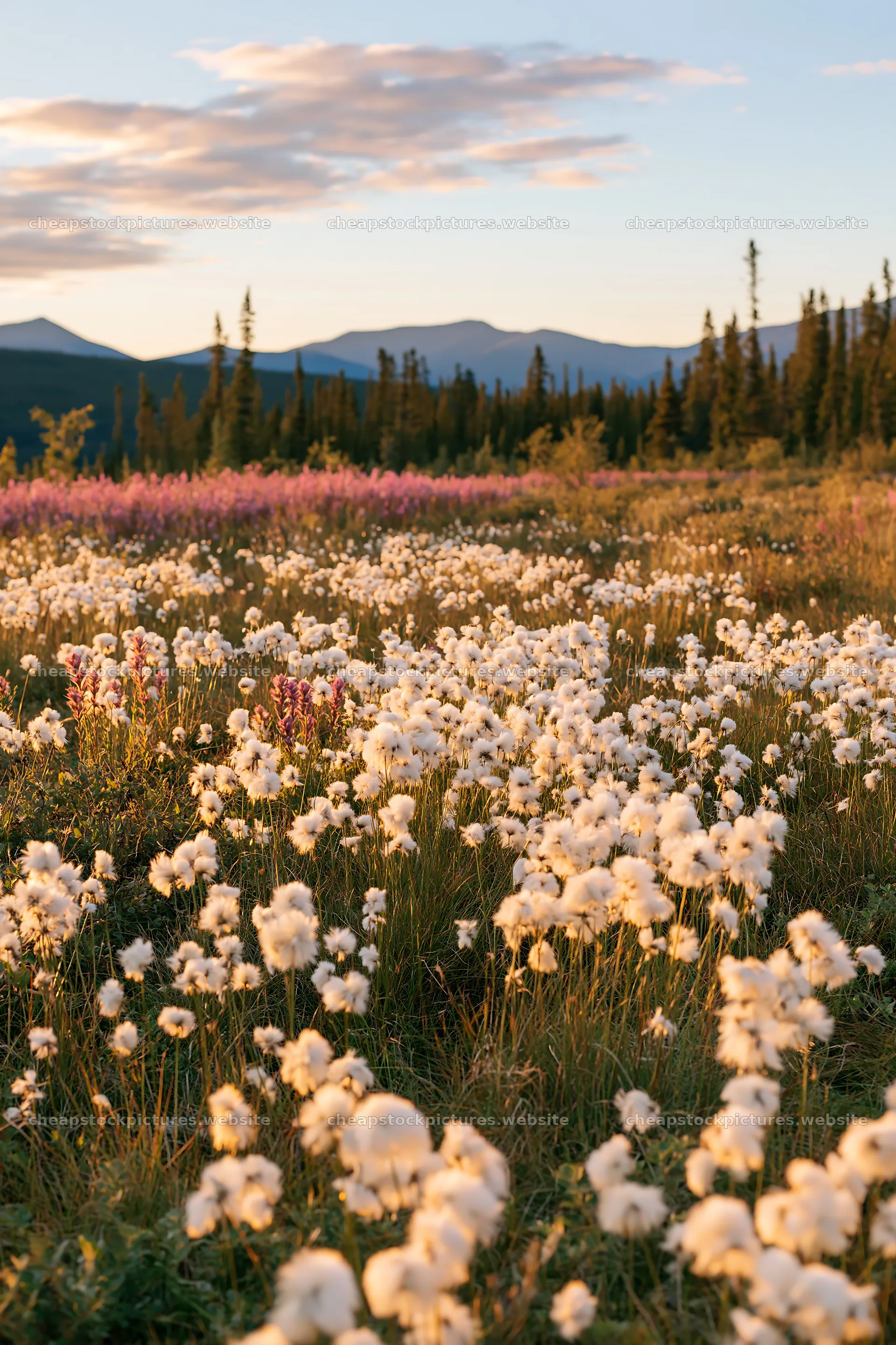 Cottongrass meadow glow at sunset with distant mountains – stock pictures 6480x9722