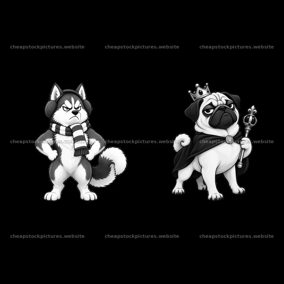 Grumpy dog stickers featuring a husky and a pug in black and white – stock pictures 7746x7746