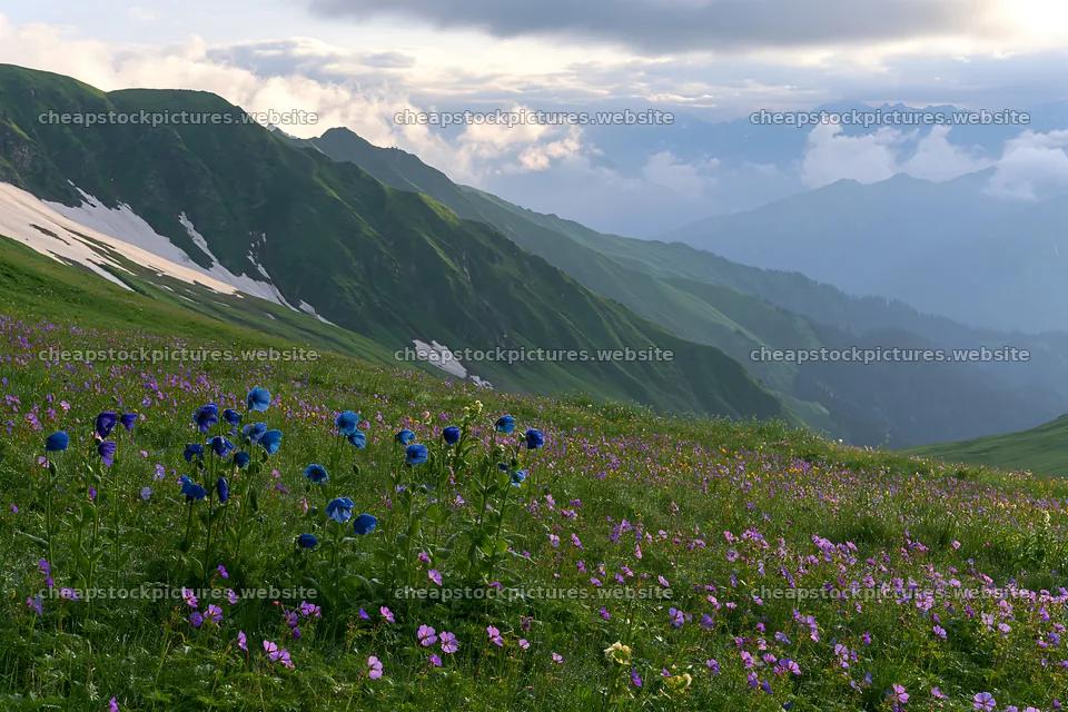 Snowline meadow with flowers and mountain landscape – stock pictures 9722x6480