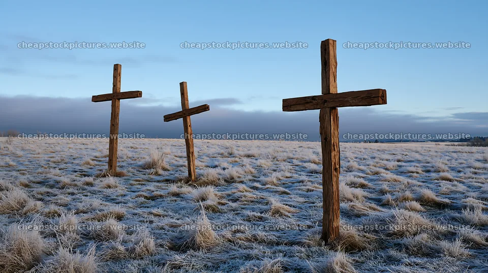 Rustic crosses in winter meadow landscape – stock pictures 10608x5938