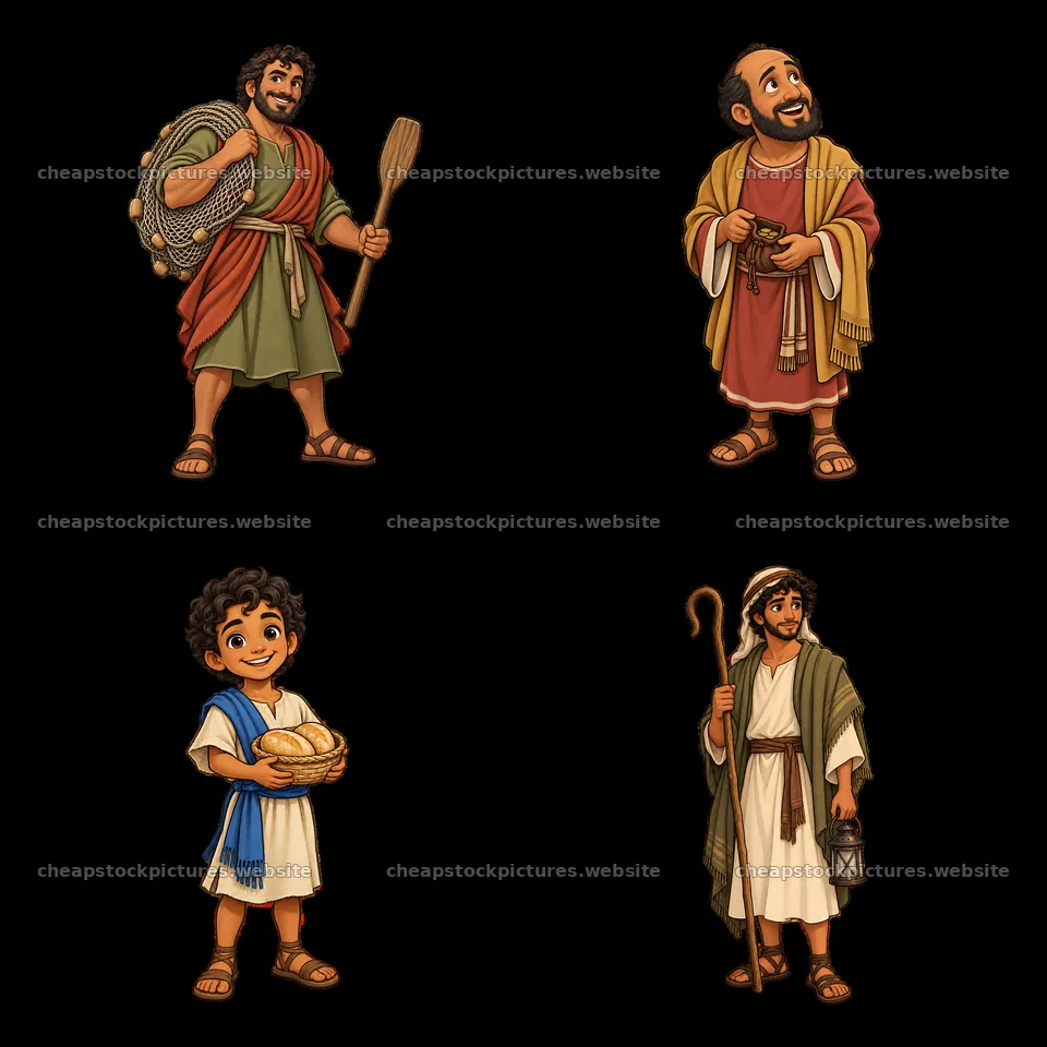 Four cartoon stickers of biblical figures – stock pictures 7746x7746