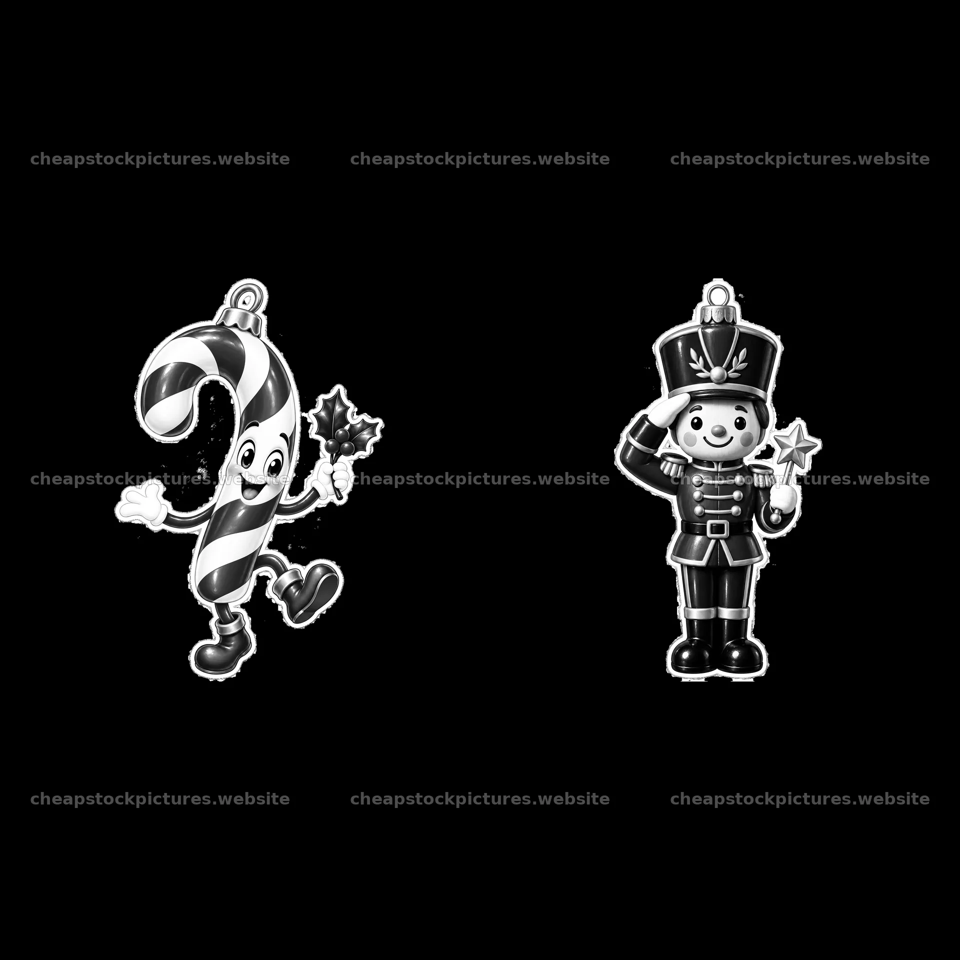 Cartoon candy cane and nutcracker Christmas ornament pair – stock pictures 7746x7746