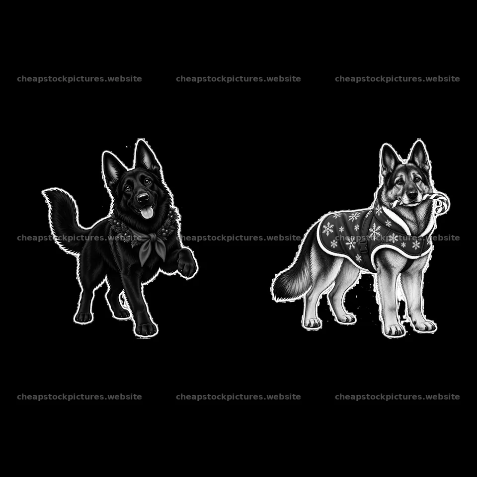 Christmas German Shepherd dogs in black and white illustration – stock pictures 7746x7746
