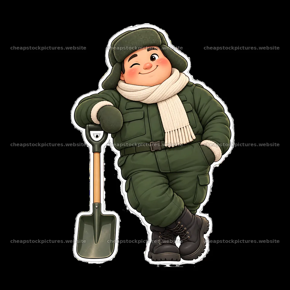 Chubby cartoon soldier with shovel in winter outfit – stock pictures 7746x7746