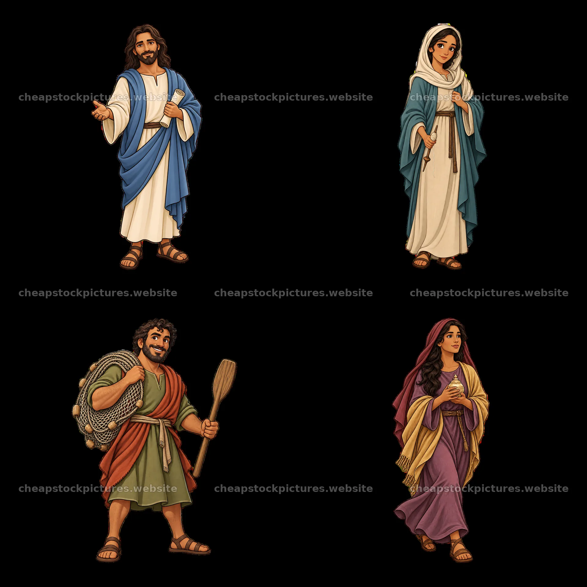 Jesus and three characters with accessories in a 2x2 layout – stock pictures 7746x7746