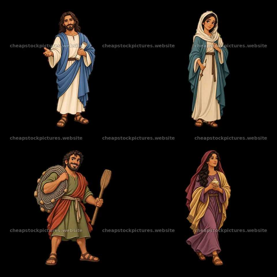 Jesus and three characters with accessories in a 2x2 layout – stock pictures 7746x7746