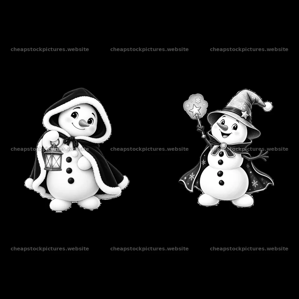 Snowman with lantern and snowman with wand in Christmas theme – stock pictures 7746x7746