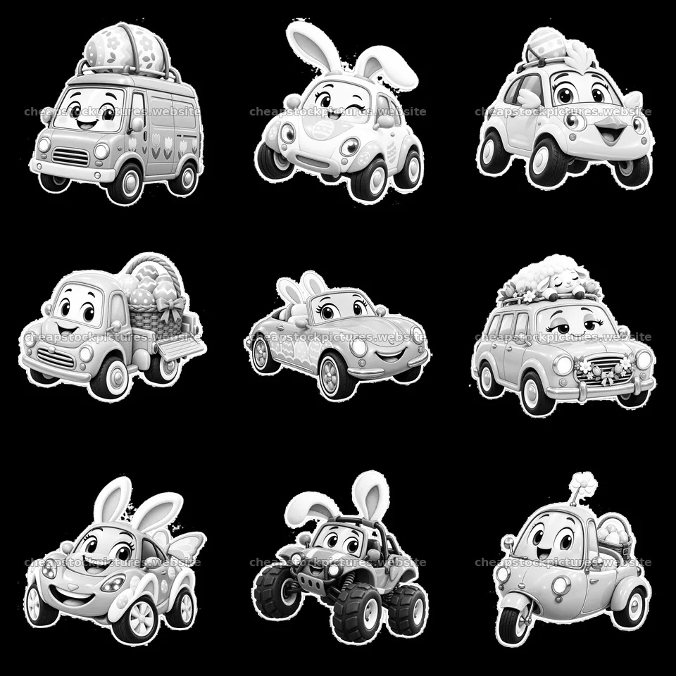 Easter-themed cartoon cars in a grid layout – stock pictures 7746x7746