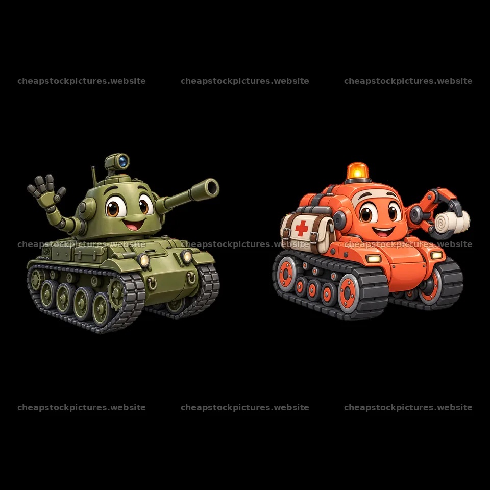 Cartoon tank characters in playful poses with accessories – stock pictures 7746x7746