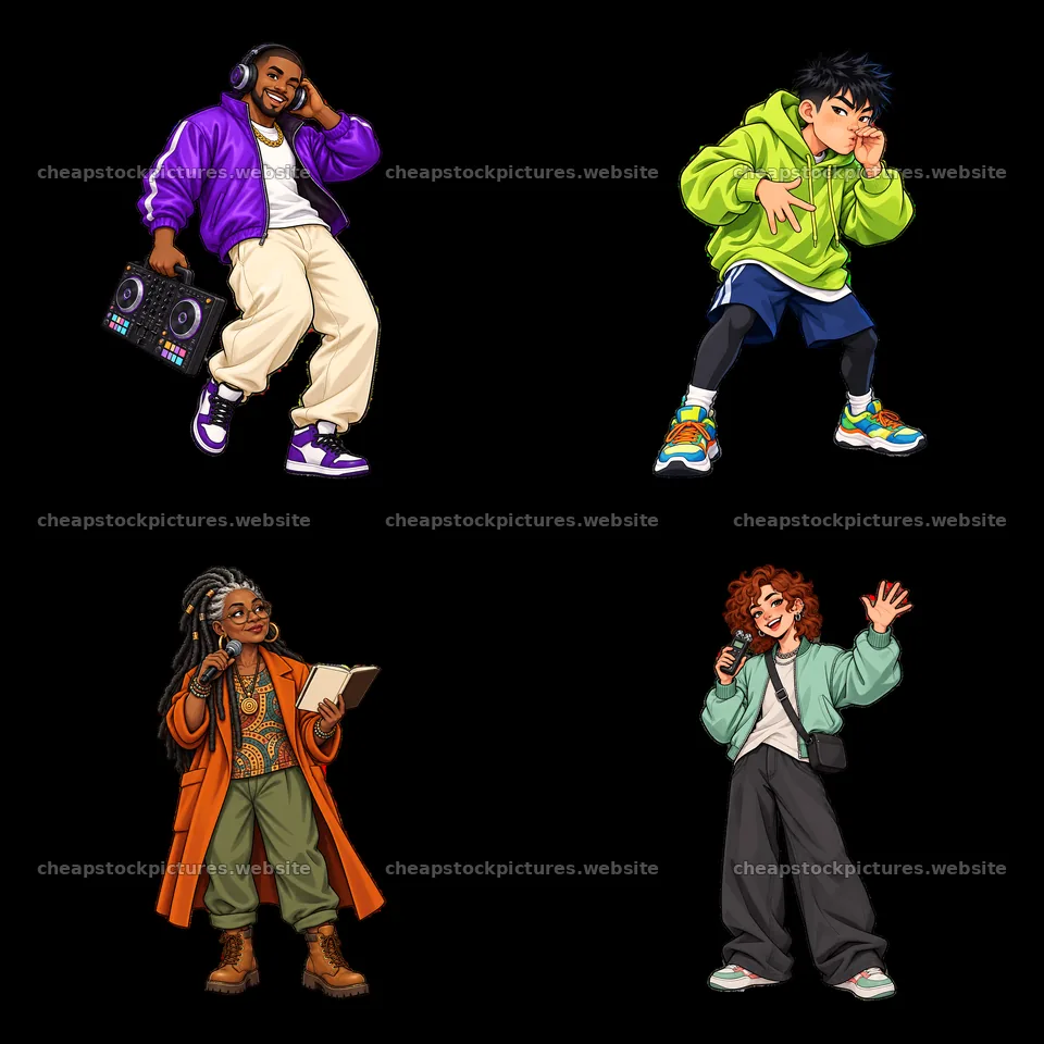 Hip-hop artists in vibrant outfits engaged in music activities – stock pictures 7746x7746