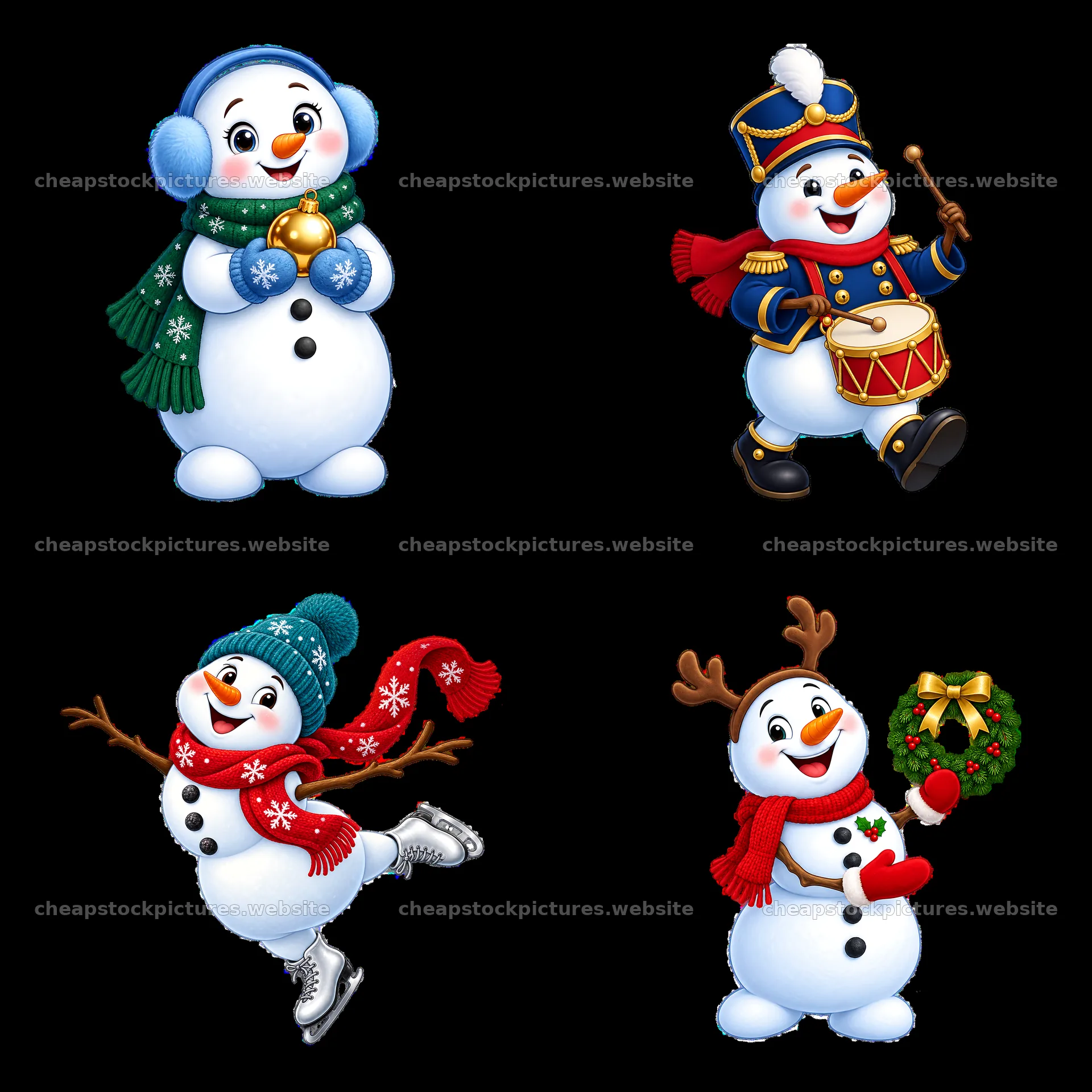 Christmas snowman characters with accessories in a festive layout – stock pictures 7746x7746