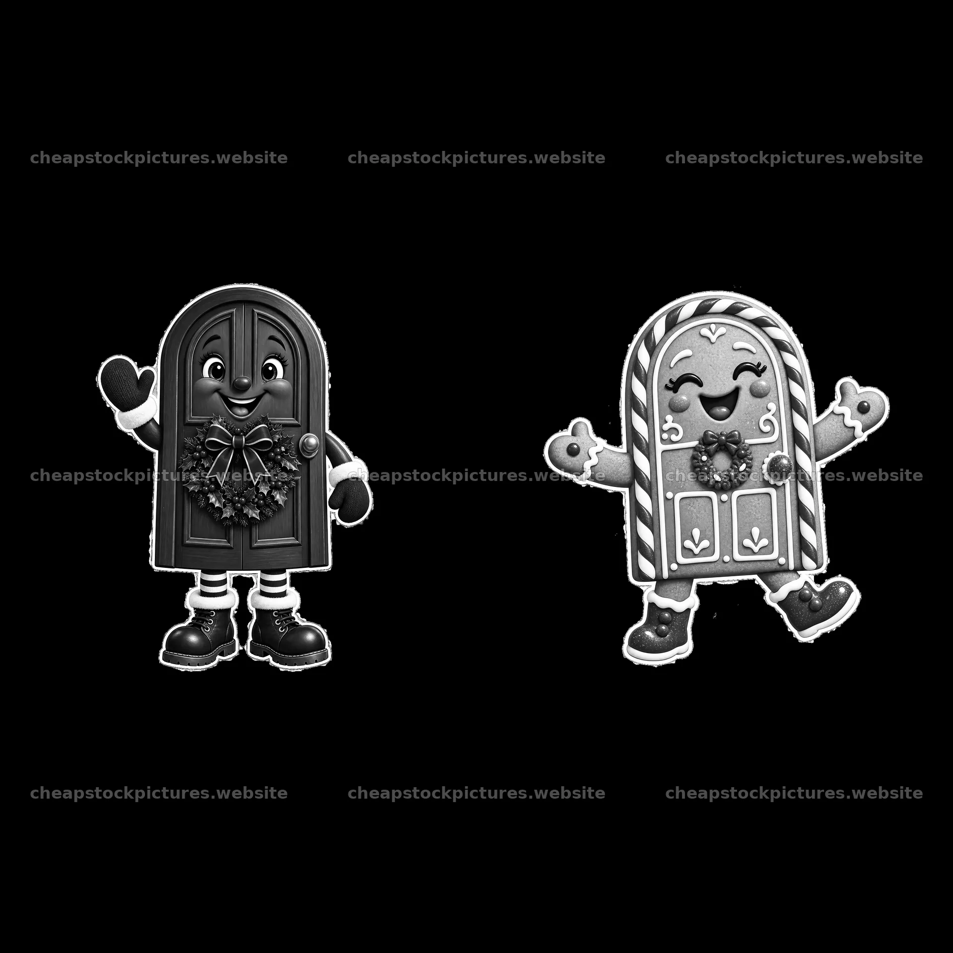 Christmas door cartoon with gingerbread character in black and – stock pictures 7746x7746