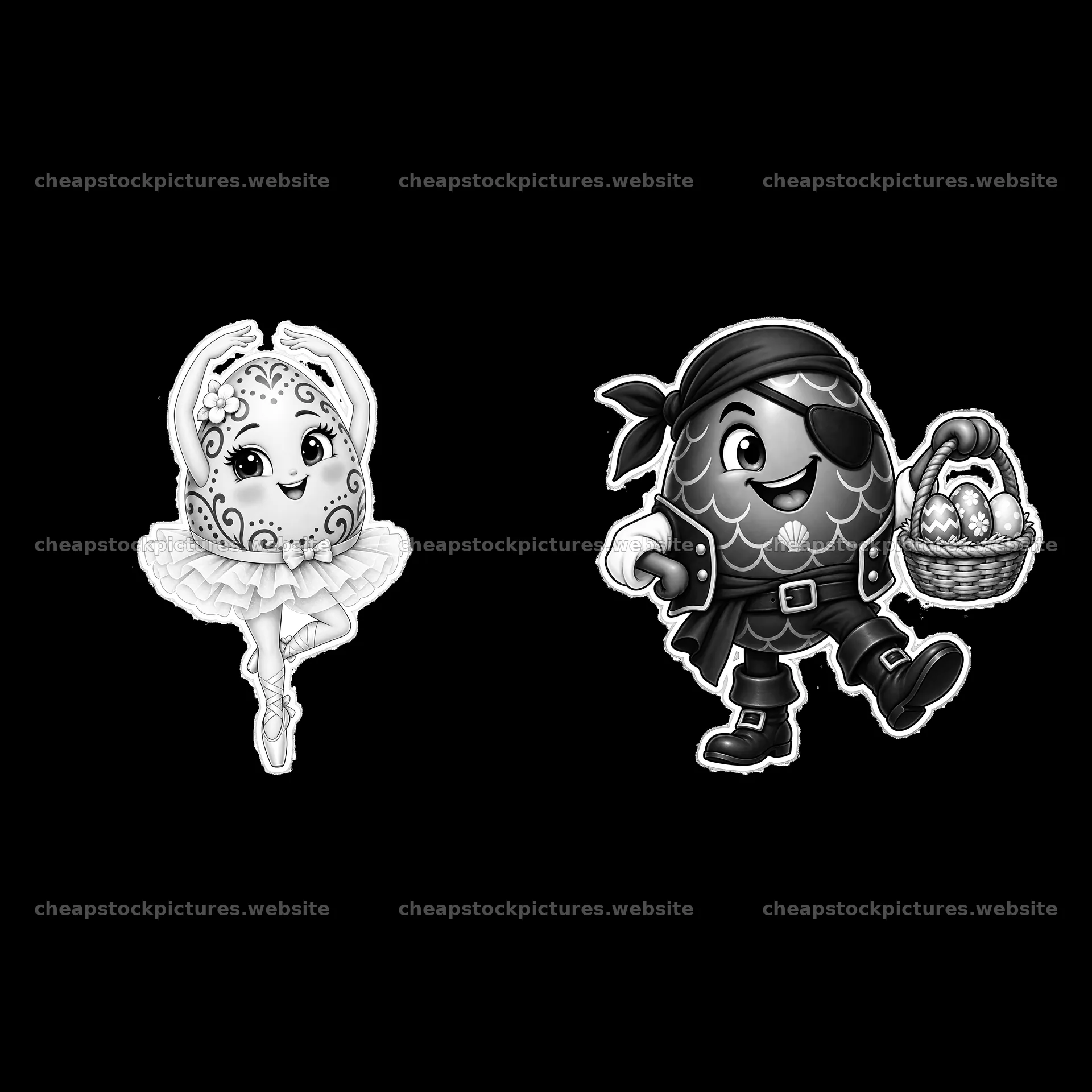 Colorful Easter egg stickers featuring a ballet dancer and pirate – stock pictures 7746x7746