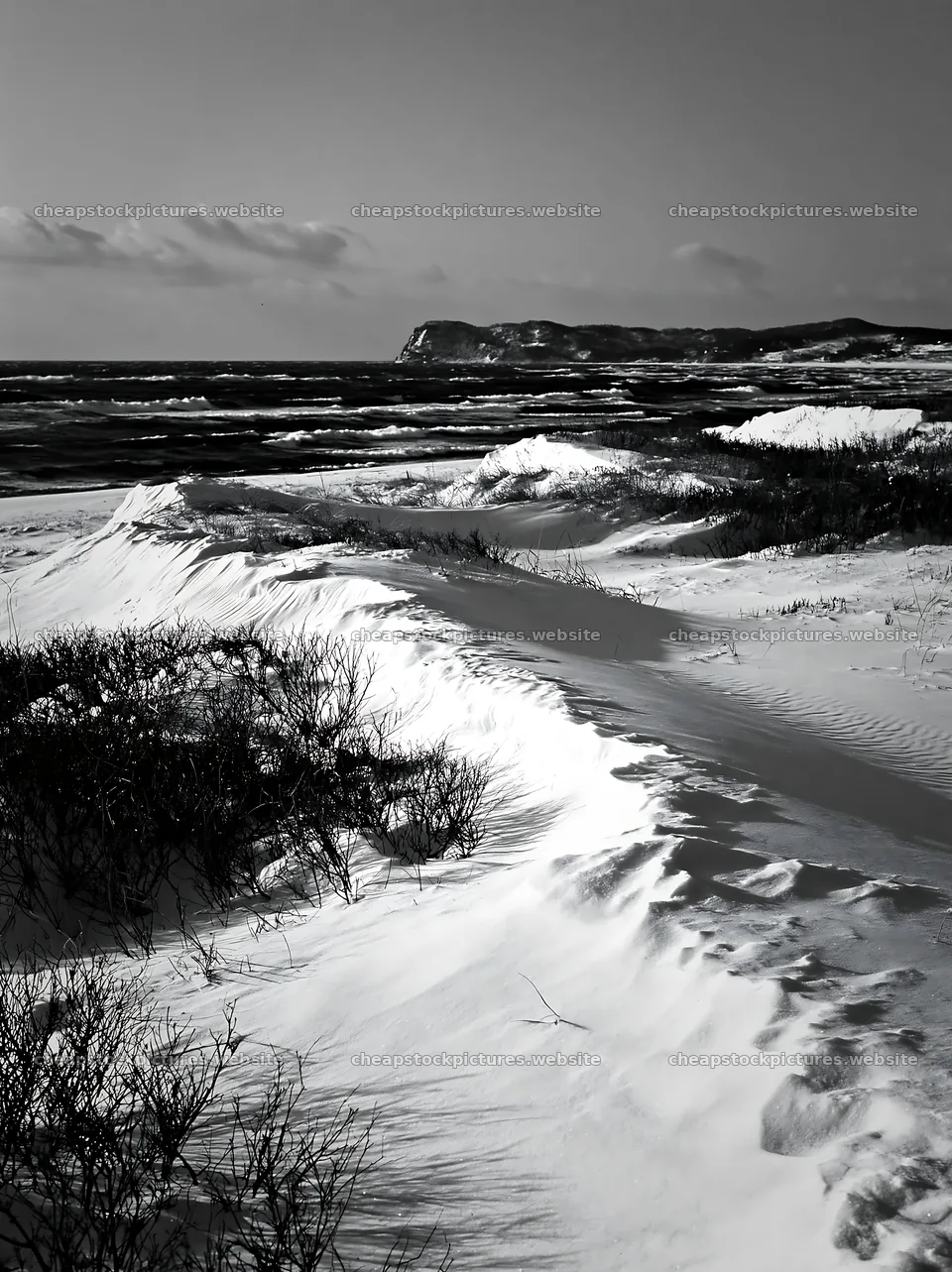 Snowy beach meadow with ocean view and distant cliff – stock pictures 6866x9174