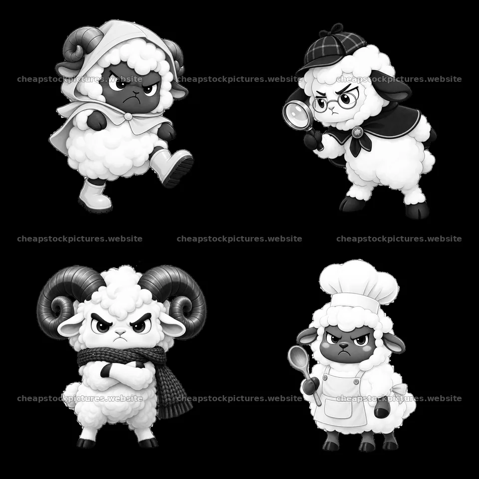Kawaii grumpy sheep in various outfits and expressions – stock pictures 7746x7746