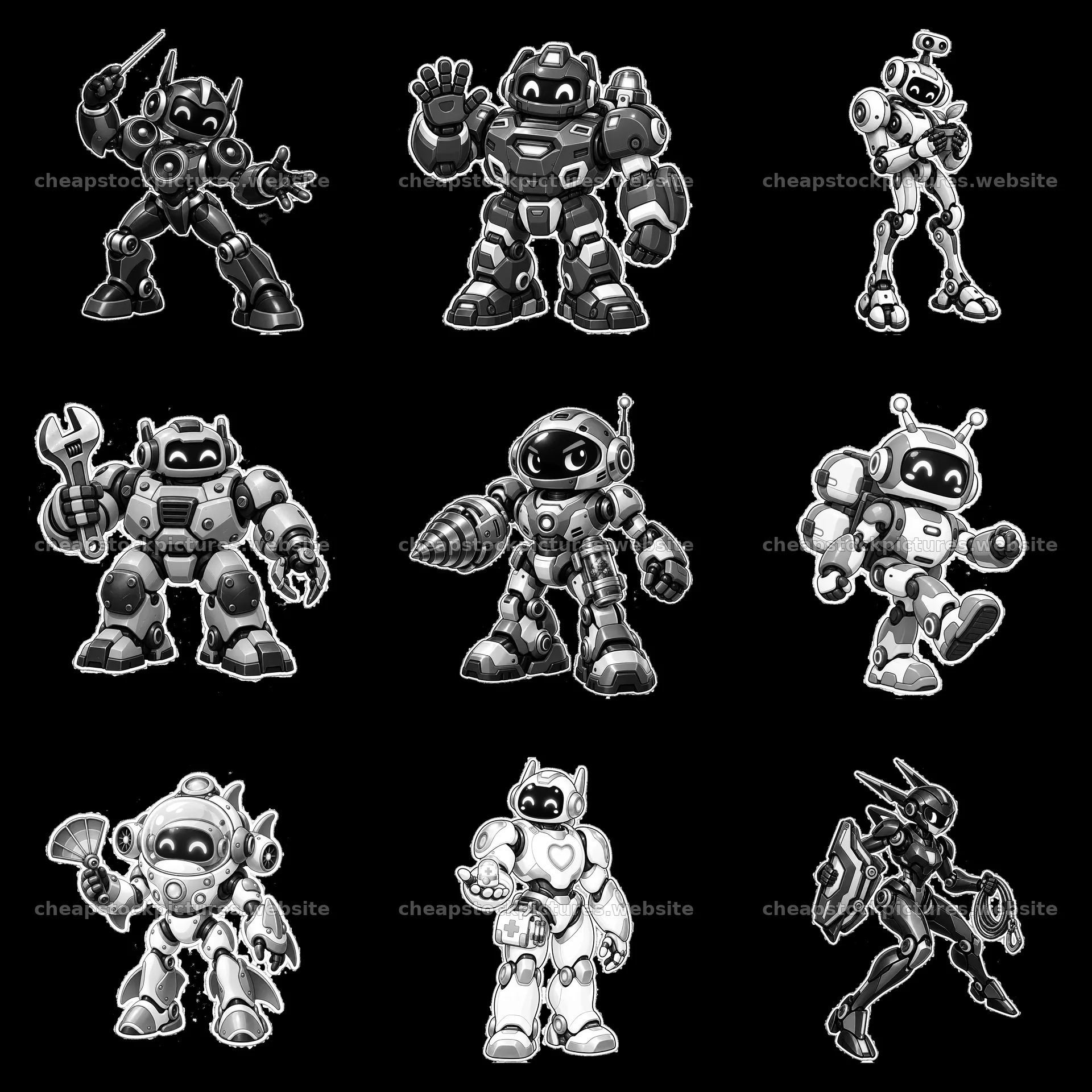 Mech robots showing different actions and poses in 3x3 layout – stock pictures 7746x7746