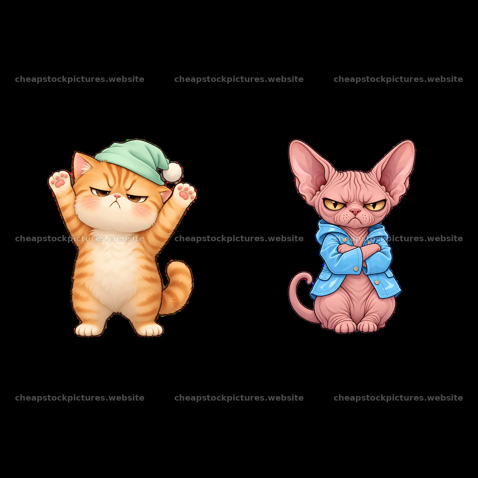 Kawaii grumpy cat duo with expressions and accessories – stock pictures 7746x7746