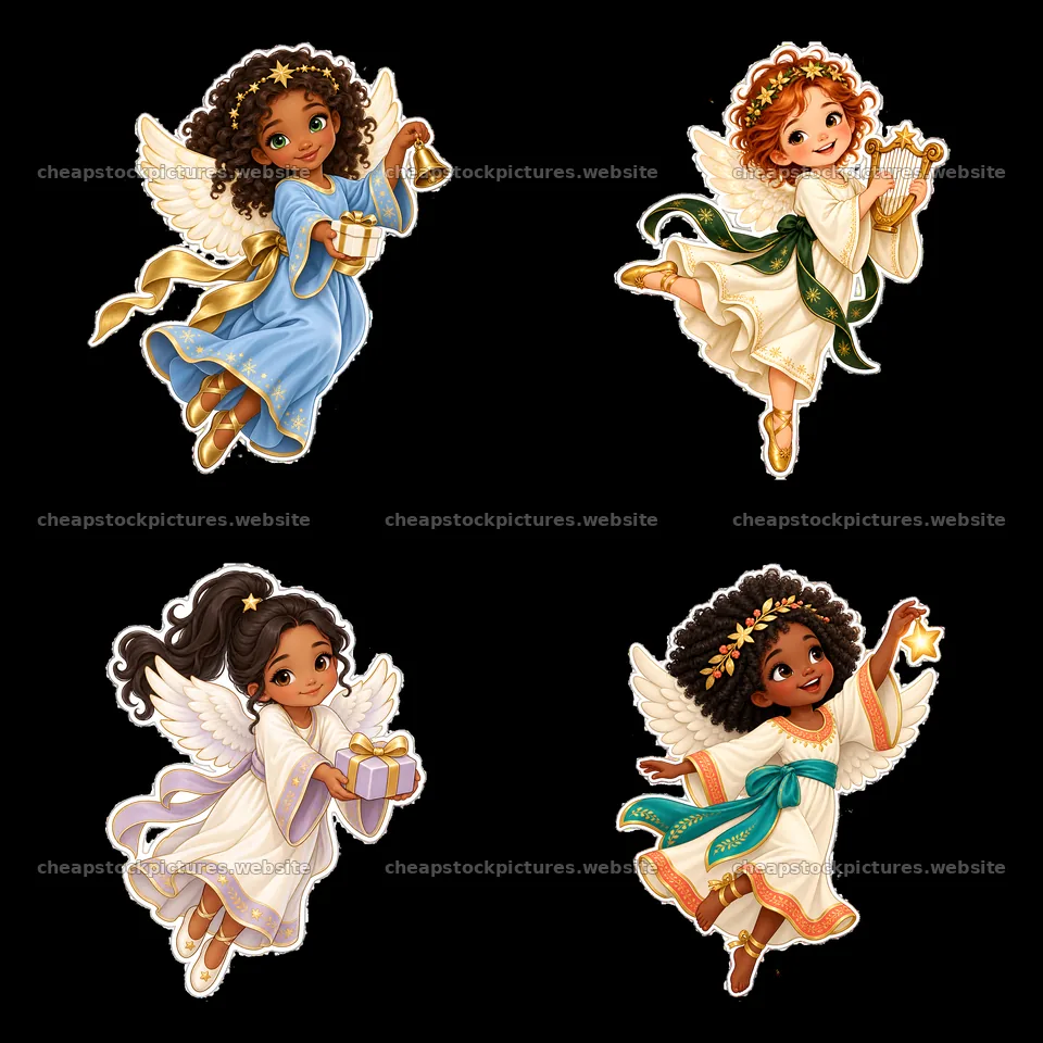 Christ Child characters with gifts and musical instruments in a – stock pictures 7746x7746