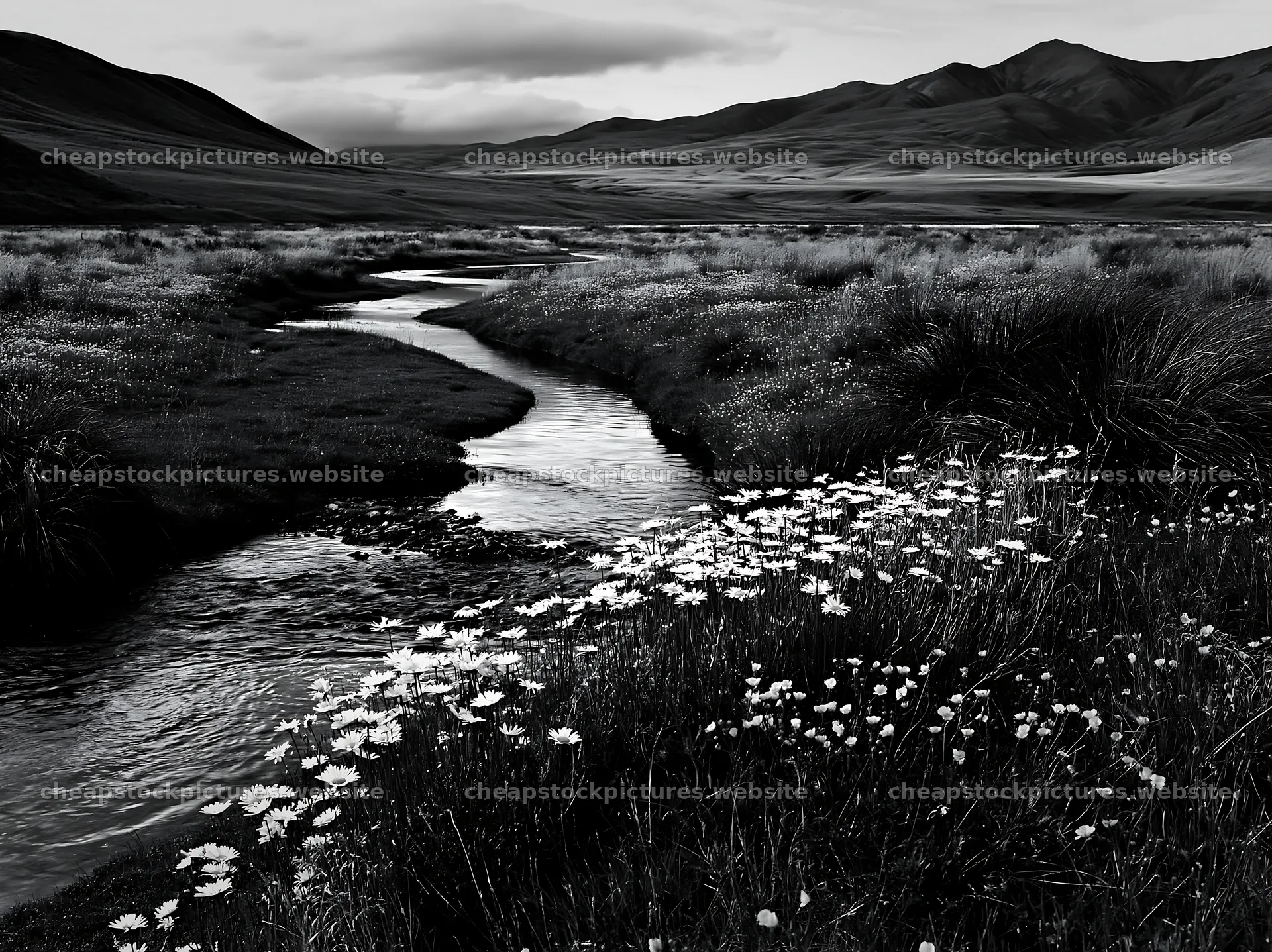 High contrast winding stream flows through meadow landscape – stock pictures 9174x6866