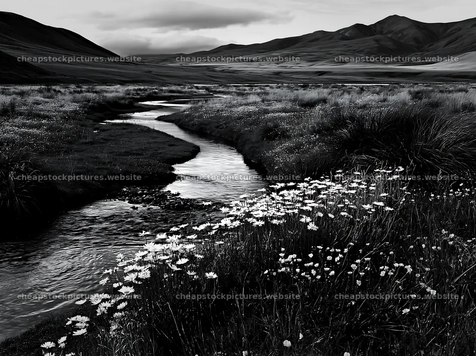 High contrast winding stream flows through meadow landscape – stock pictures 9174x6866