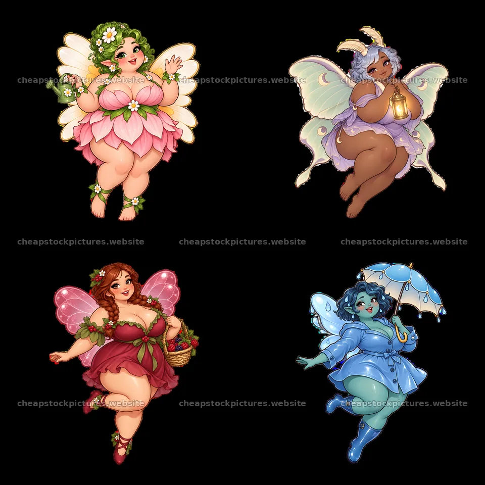 Kawaii ultra-fat fairy characters in a colorful 2x2 grid – stock pictures 7746x7746