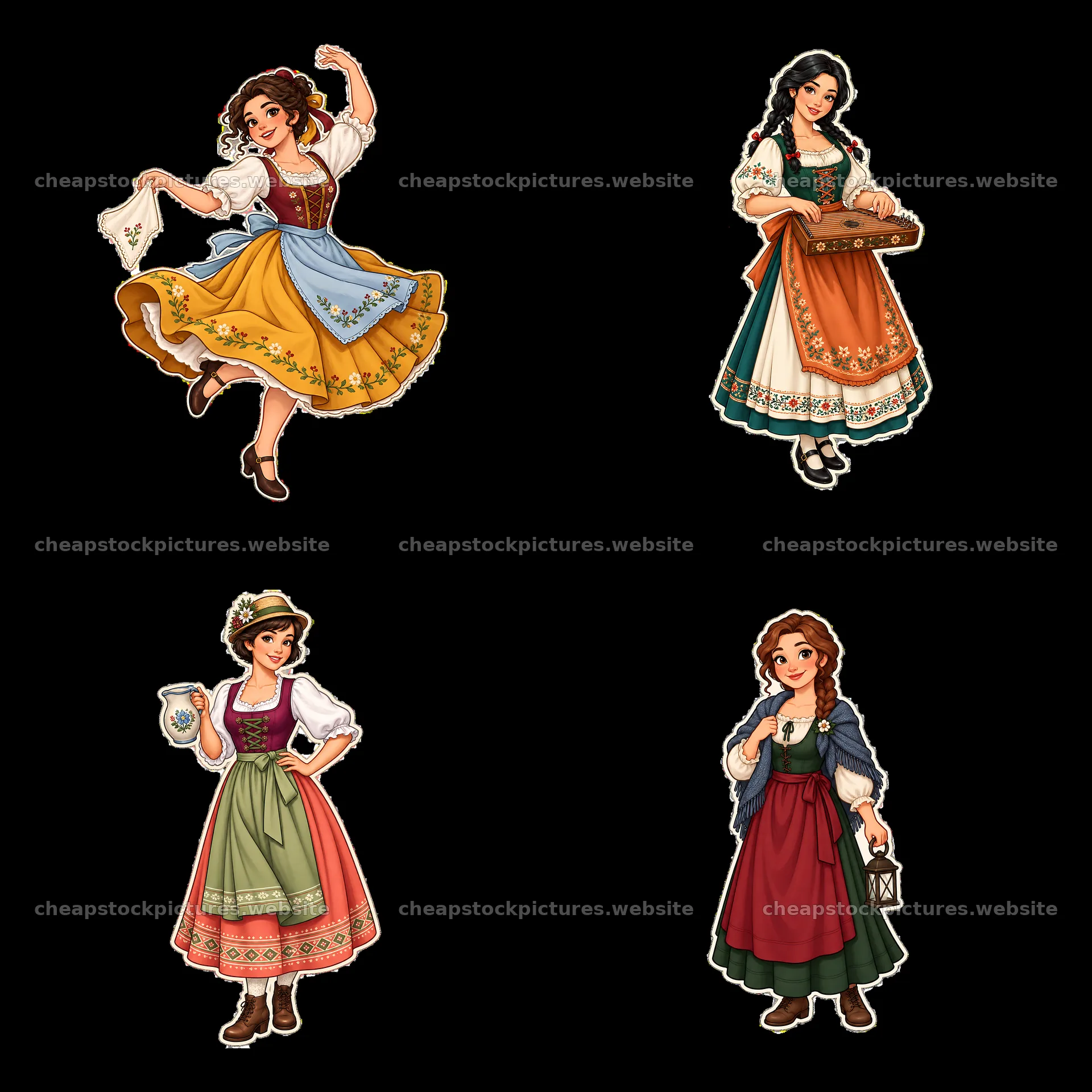 Women in traditional folk dress performing various activities – stock pictures 7746x7746