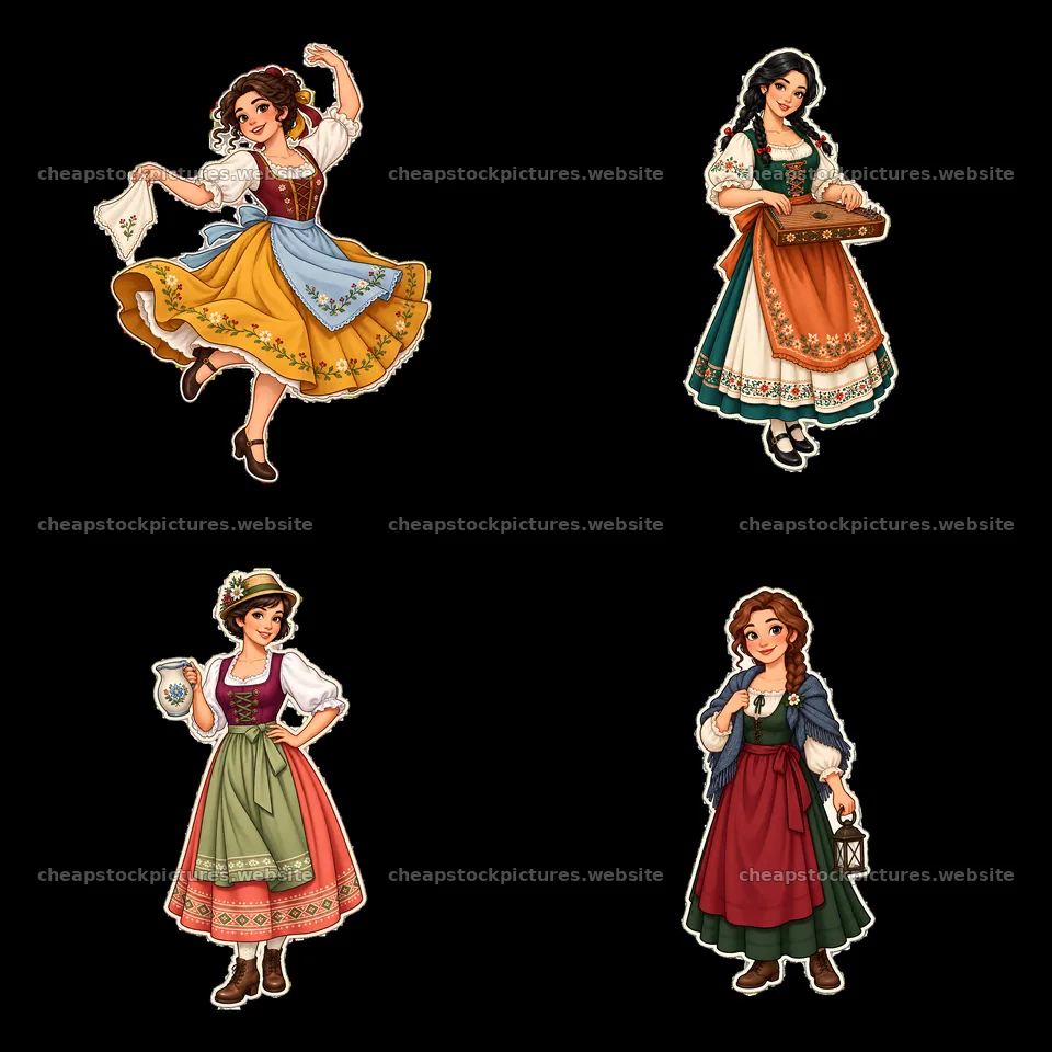 Women in traditional folk dress performing various activities – stock pictures 7746x7746