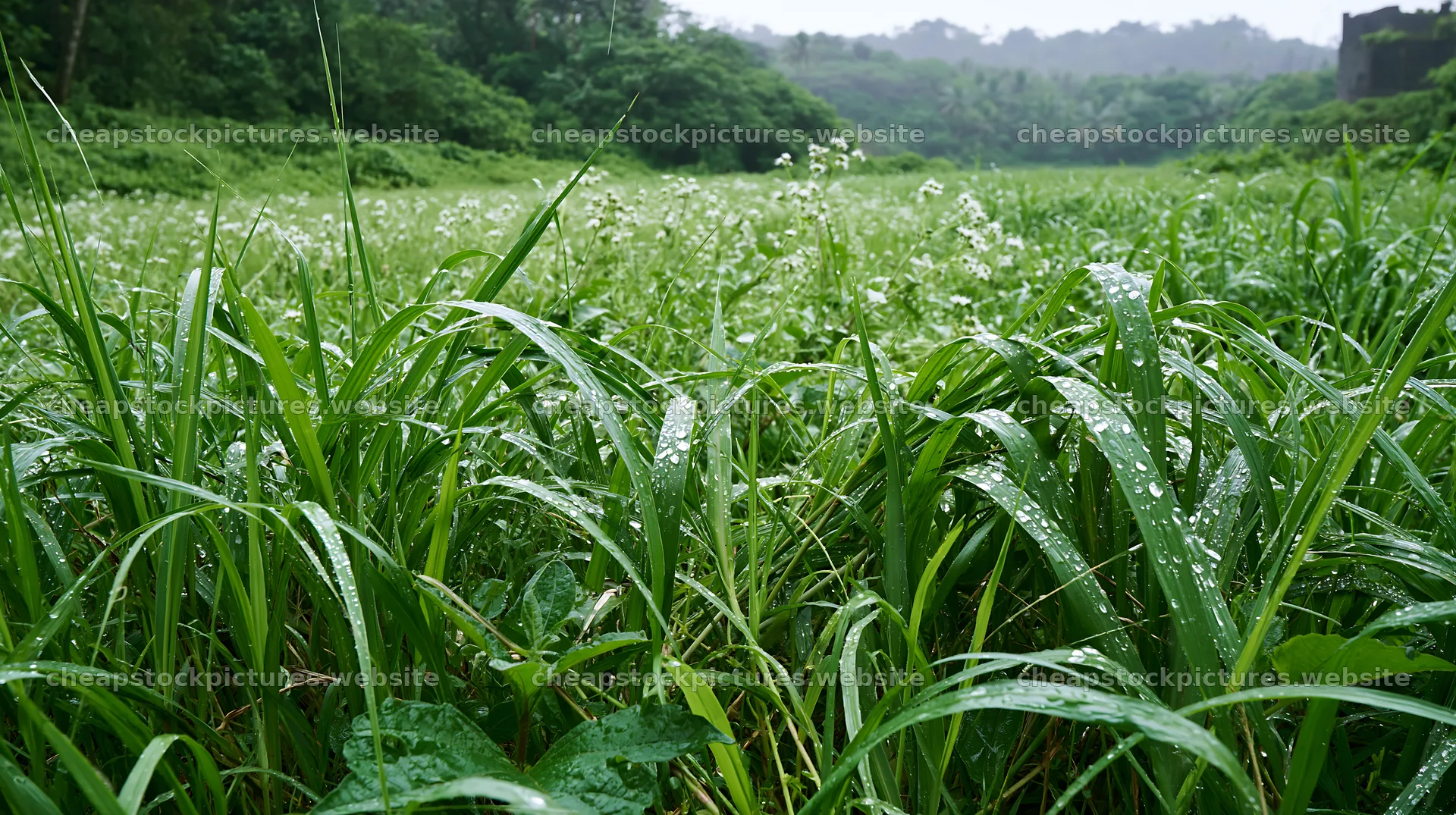 Kochi monsoon meadow rain beaded grasses – stock pictures 10608x5938