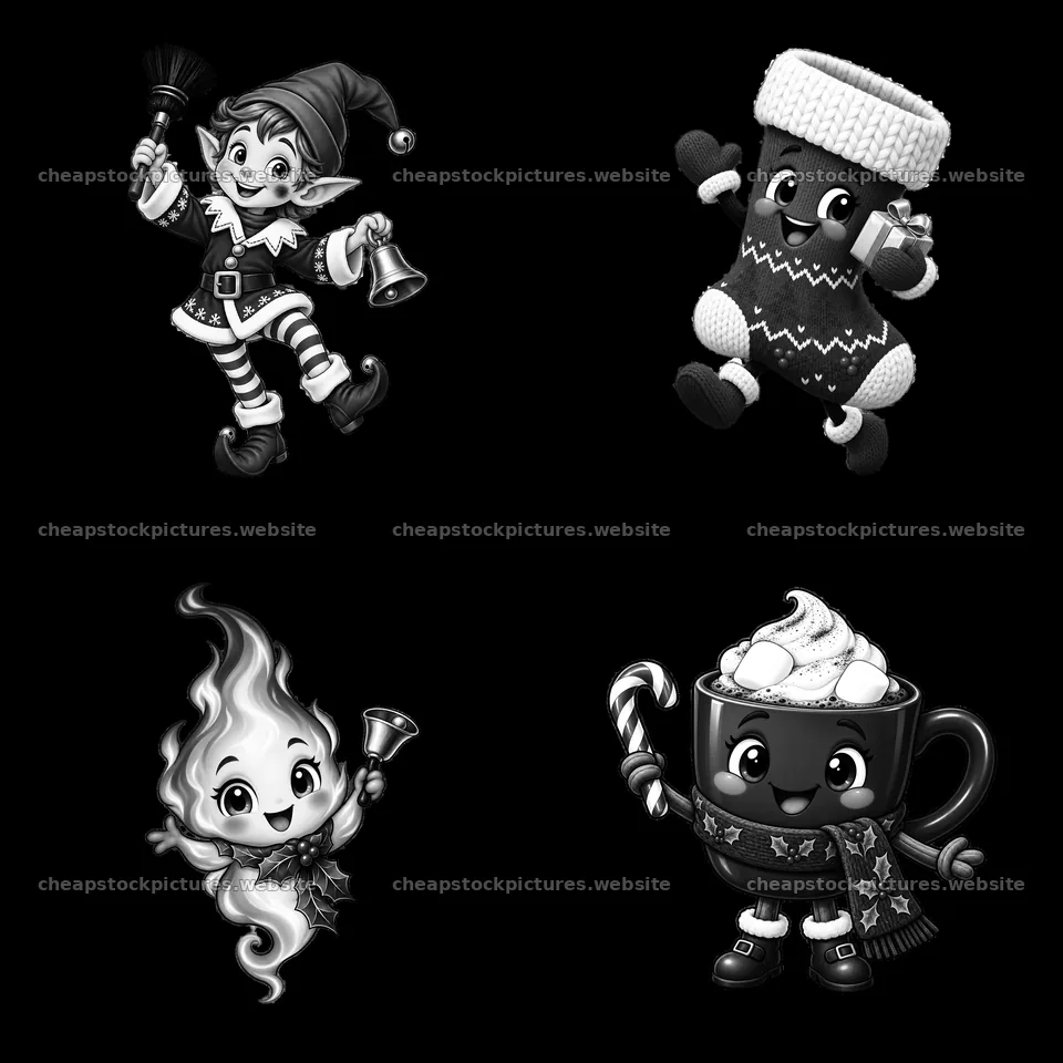 Cartoon characters celebrating Christmas near a fireplace – stock pictures 7746x7746