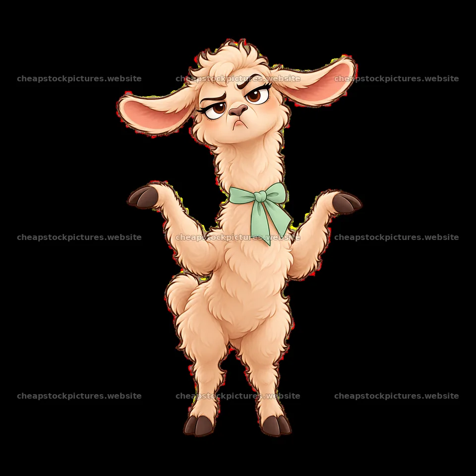 Grumpy llama with a green bow tie displaying annoyance – stock pictures 7746x7746