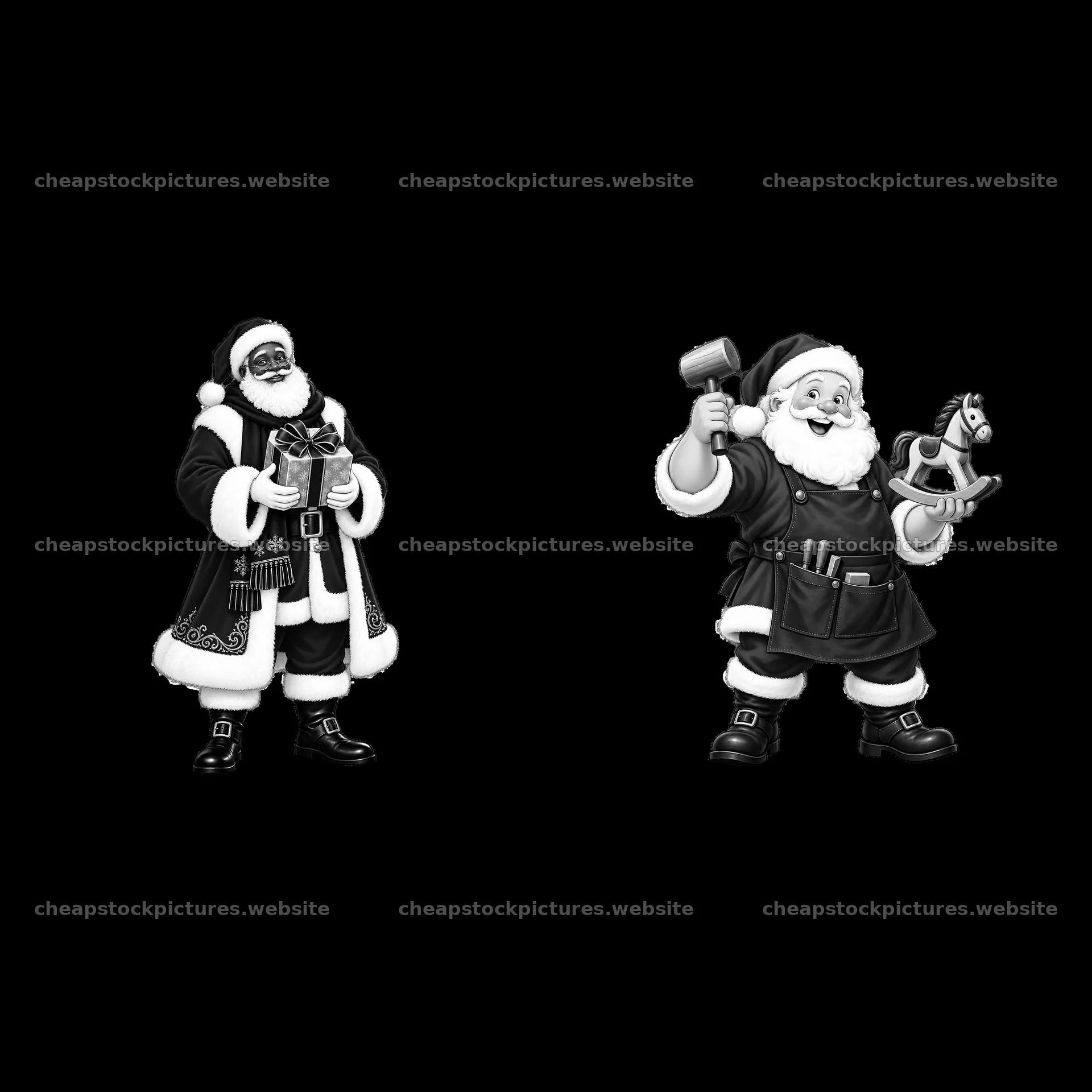 Santa Claus with gifts and toy hammer black-and-white sticker design – stock pictures 7746x7746