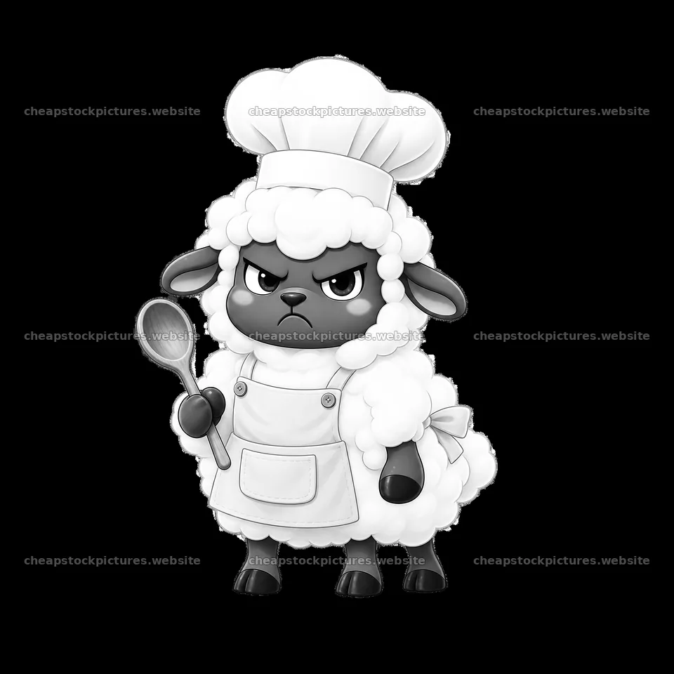 Grumpy sheep chef with a spoon wearing a chef hat and apron – stock pictures 7746x7746