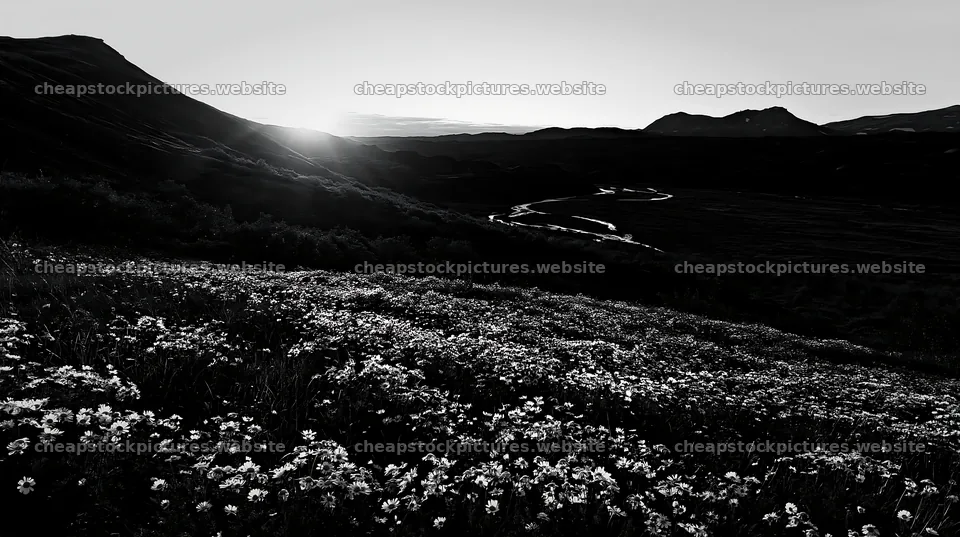 Meadow whiteout with flowers and a river at sunset – stock pictures 10608x5938