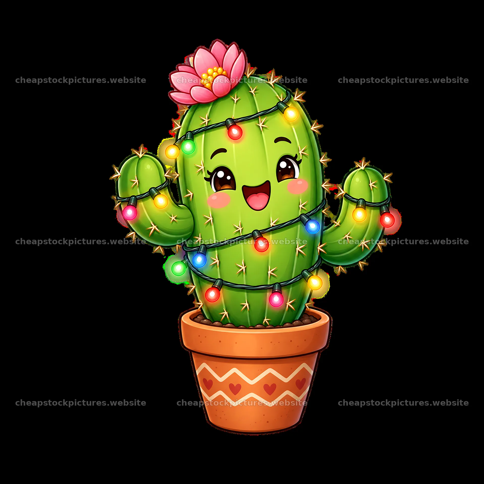 Cactus with string lights and flower in a decorative pot – stock pictures 7746x7746