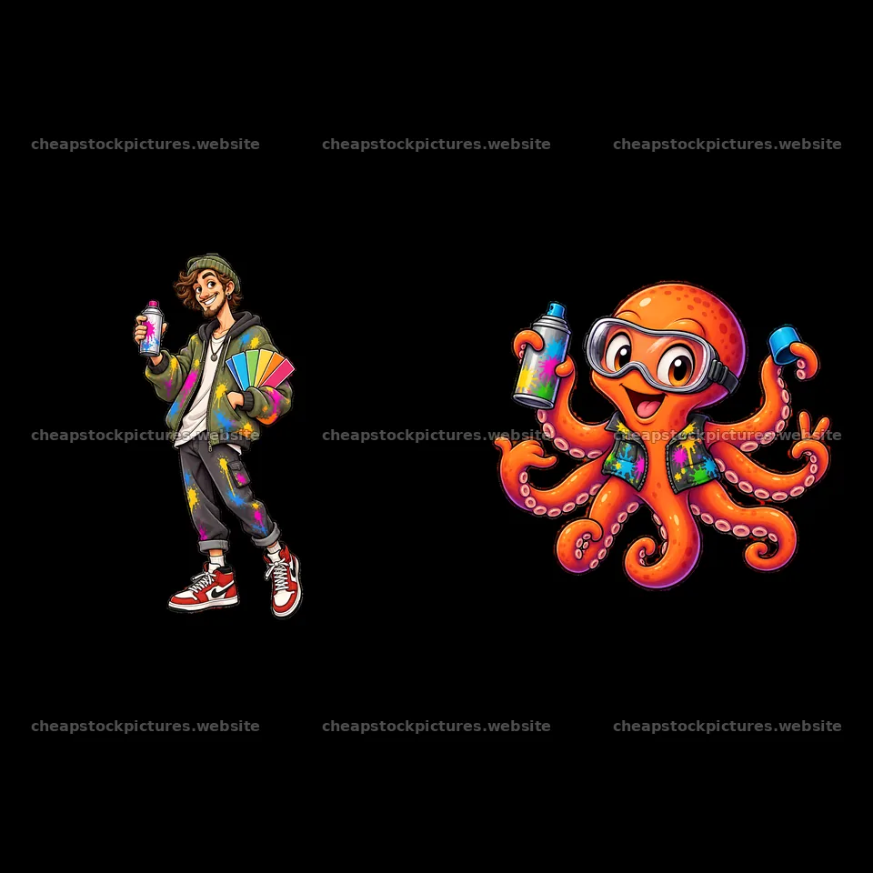 Graffiti sprayer with spray cans and colorful octopus character – stock pictures 7746x7746