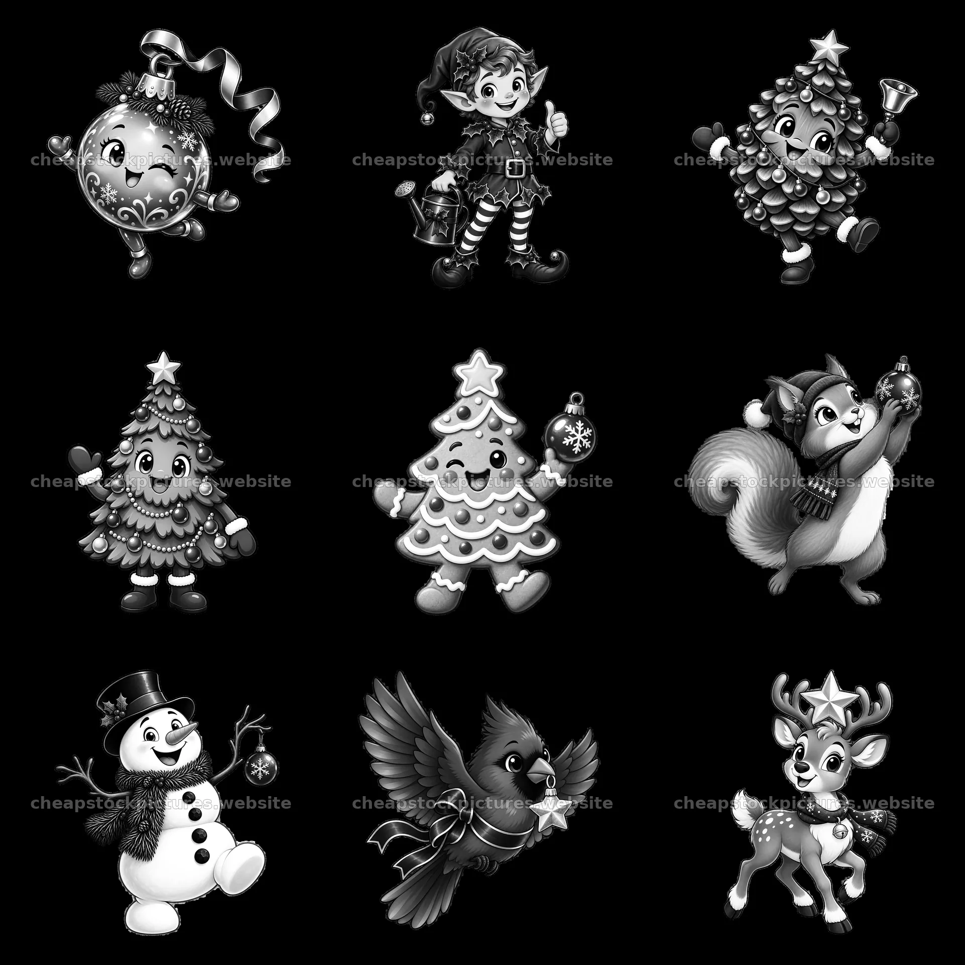 Cartoon Christmas characters and ornaments in a 3x3 grid – stock pictures 7746x7746