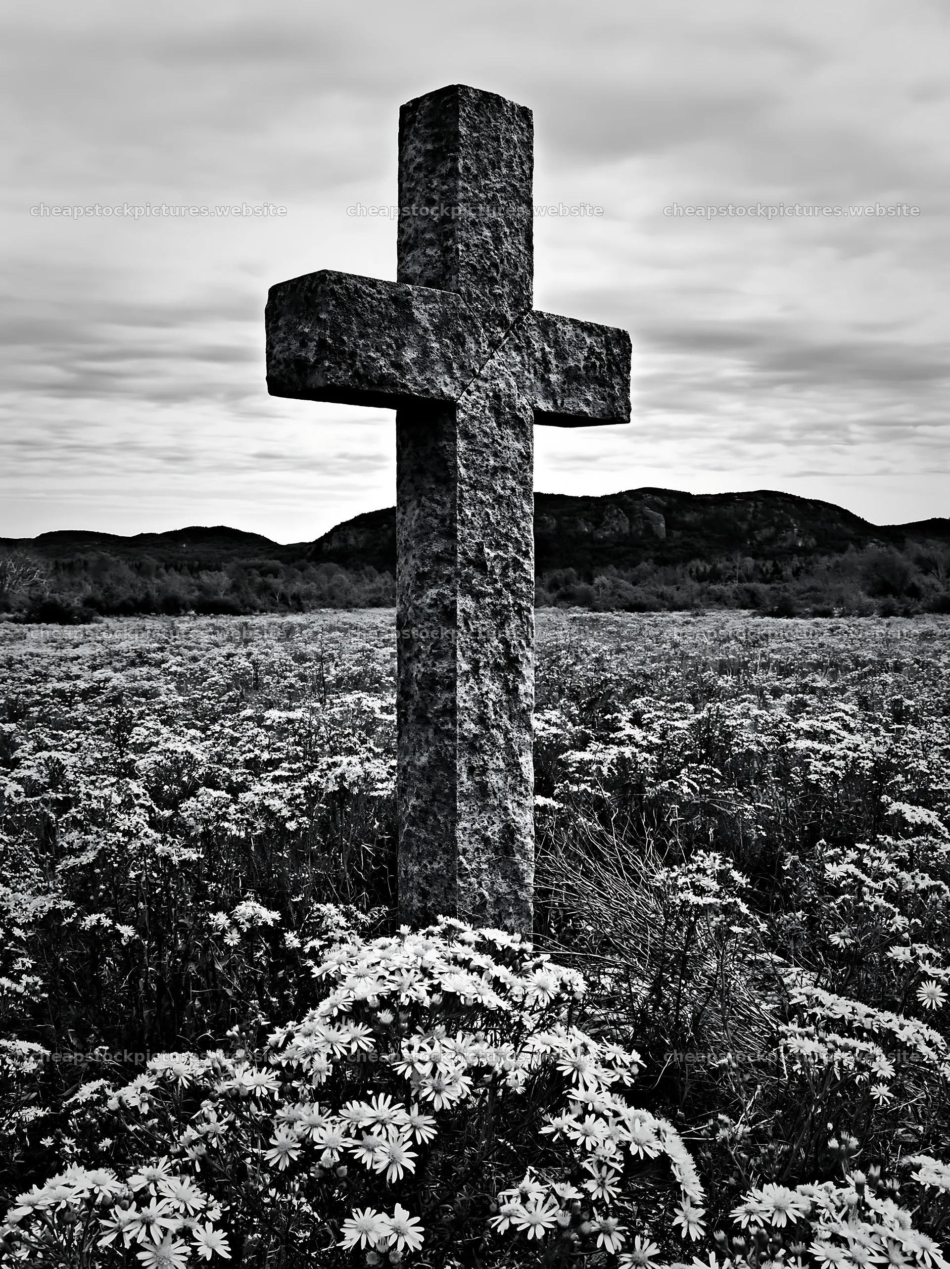 Christian cross in yellow wildflower meadow with mountains – stock pictures 6866x9174